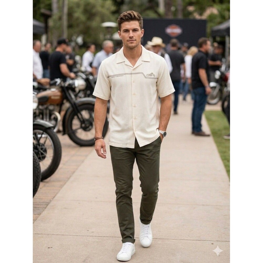 Harley Davidson Shirt Mens Large Camp Bowling Button Up Cream Rayon Motorcycle